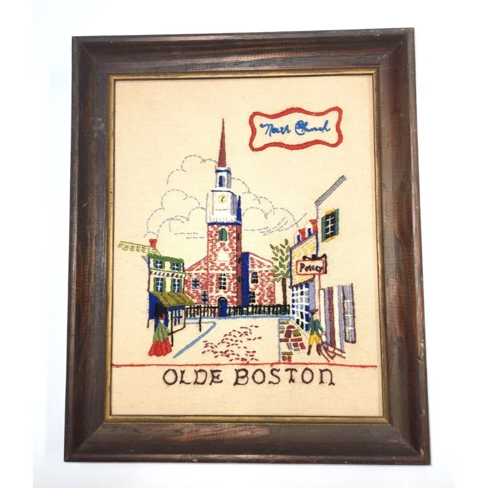 Olde Boston Old North Church Framed Needlepoint from 1969 Crewel 13 x 16